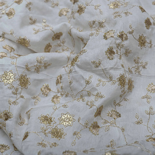 All Over Golden Jaal Work Embroidery With Tikki Border On White Dyeable Russian Silk Fabric