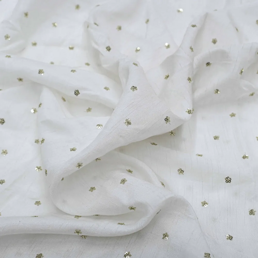 Tikki Work Embroidery On White Dyeable Dola Silk Fabric