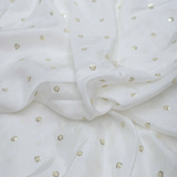 Tikki Work Embroidery On White Dyeable Dola Silk Fabric