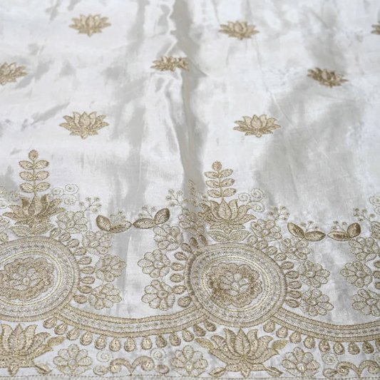 Golden Zari Work Embroidery With Daaman Border On White Dyeable Mashru Gaji Silk Fabric