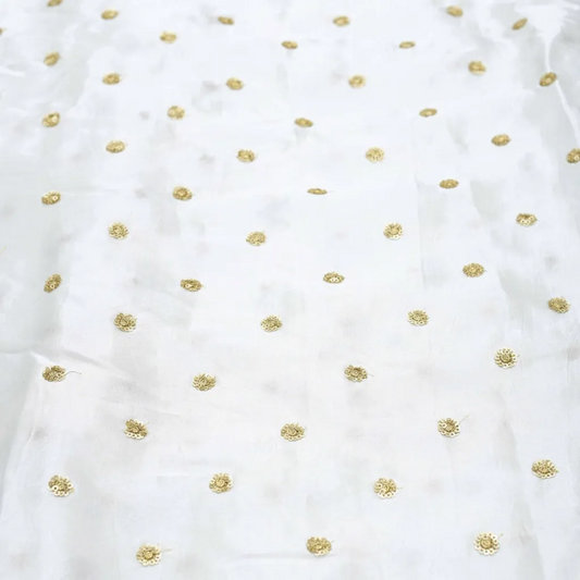 All Over Golden Buti Work Embroidery On White Dyeable Gaji Silk Fabric