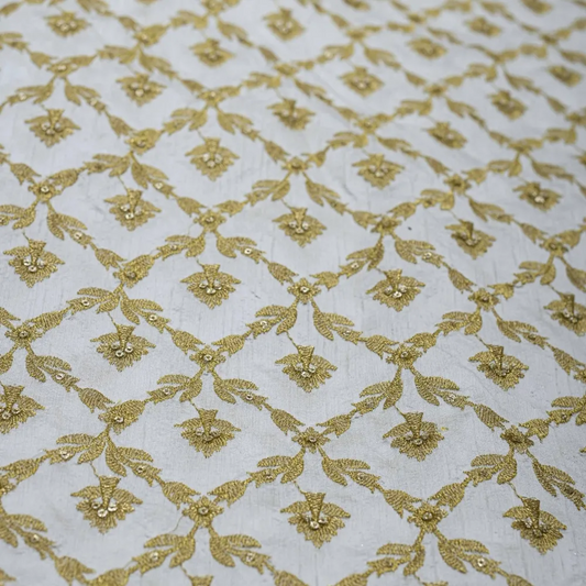 All Over Golden Zari Checks Embroidery On White Dyeable Dupion Silk Fabric