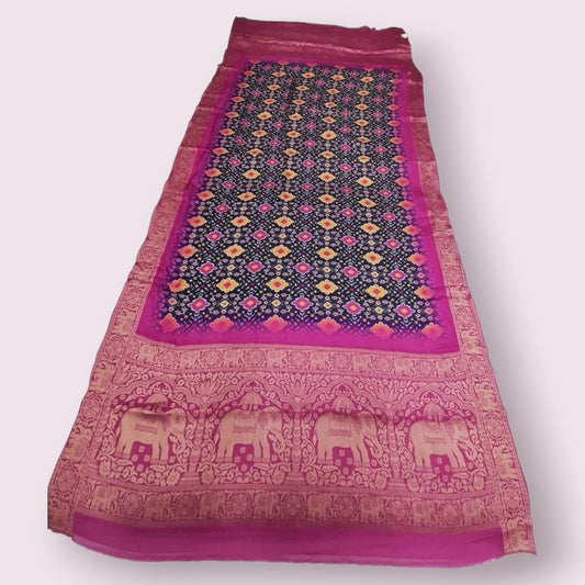 Navy blue Modal Gaji Silk Digital Print Dupatta With Traditional Elephant Scut Patola Border - Shree Om Fabrics