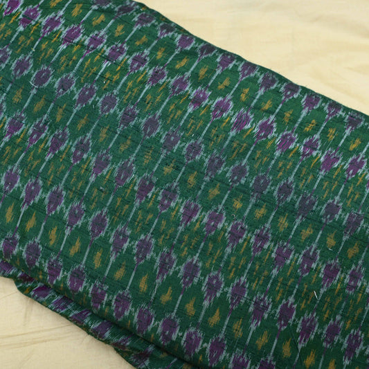 Bottle Green Colour Pure Raw Silk Ikat Printed Fabric - Shree Om Fabrics