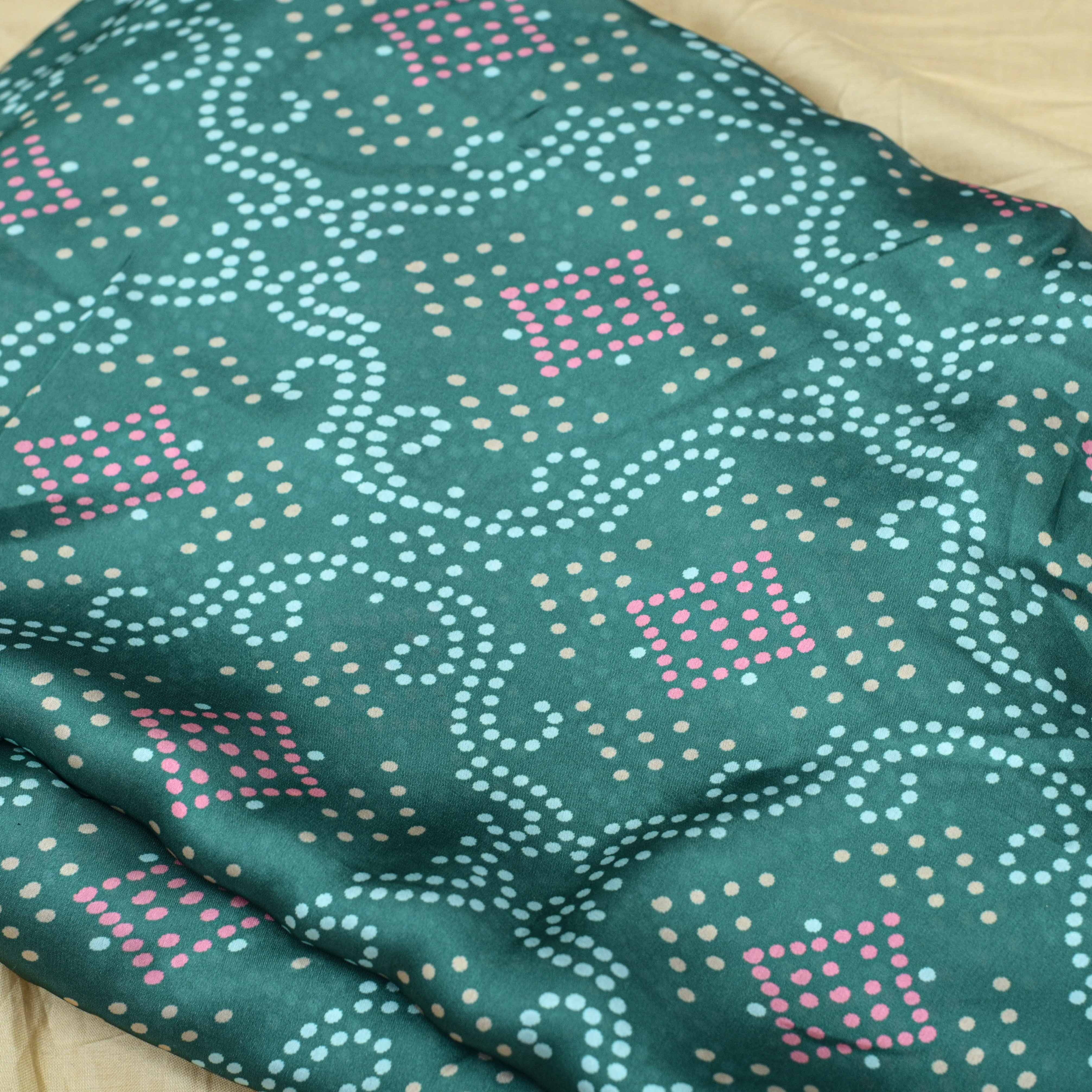 Dark Green Colour All Over Bandhani Satin Printed Fabric - Shree Om Fabrics