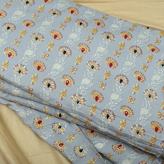 Grey Colour Flower Rayon Printed Fabric - Shree Om Fabrics
