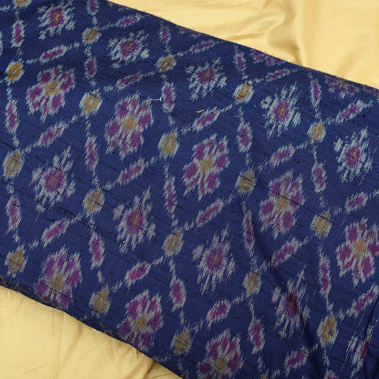 Navy Blue Colour Pure Raw Silk Ikat Printed Fabric - Shree Om Fabrics