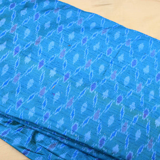 Ocean Blue Colour Pure Raw Silk Ikat Printed Fabric - Shree Om Fabrics