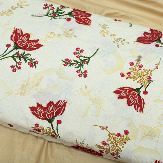 Off White Colour Red Flower Rayon Printed Fabric - Shree Om Fabrics