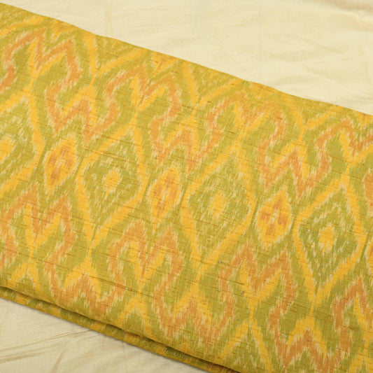 Yellow Colour Pure Raw Silk Ikat Printed Fabric - Shree Om Fabrics